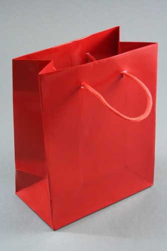 Red Glossy Gift Bag with Cord Handles. Size Approx 15cm x 12cm x 6cm.