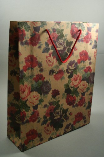 Natural Brown Paper Giftbag with Floral Print and Corded Handle. Size Approx 42cm x 32cm x 10cm.