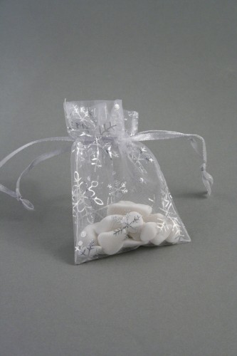 White Organza Gift Bag with Silver Snowflake Print. Size Approx 10cm x 7.5cm.