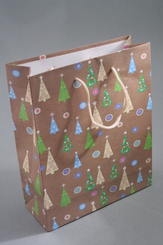 Brown Paper Gift Bag with Christmas Tree Design. Approx Size 22cm x 18cm x 7cm