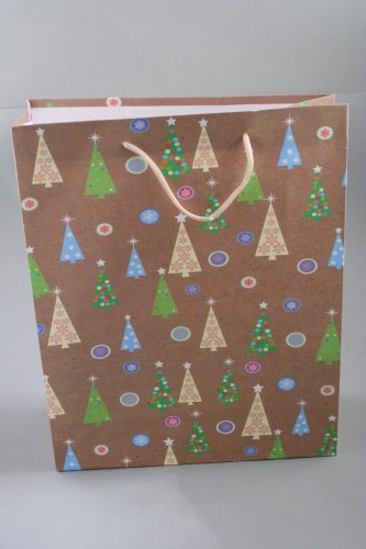 Brown Paper Gift Bag with Christmas Tree Design. Approx Size 32cm x 26cm x 10cm