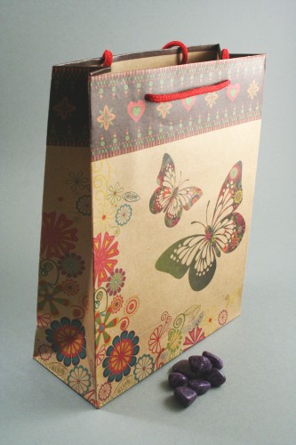 Natural Brown Paper Gift Bag with Butterfly Print and Corded Handle. Approx Siz 24cm x 19cm x 8cm.