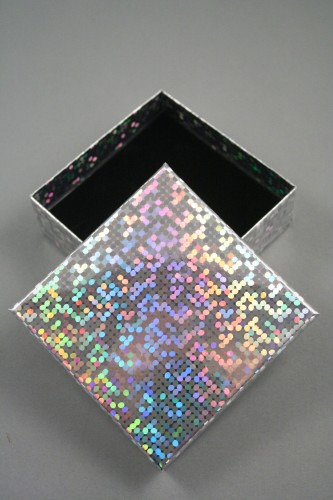 Silver Hologram Foil Gift Box with Black Flock Inner. Approx Size 9cm x 9cm x 3cm