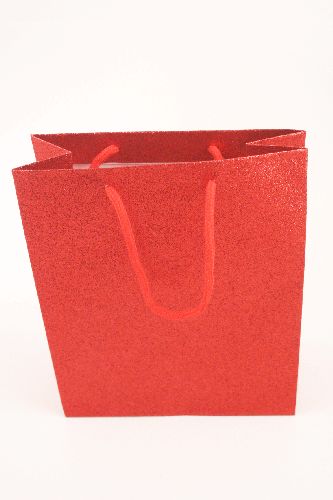 Red Glitter Paper Gift Bag with Cord Handles.  Size Approx 21cm x 18cm x 8cm.