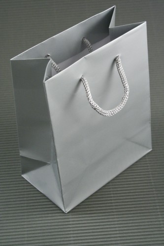Glossy Finish Silver Grey Giftbag with Cord Handle. Size 14cm x 11cm x 6cm.