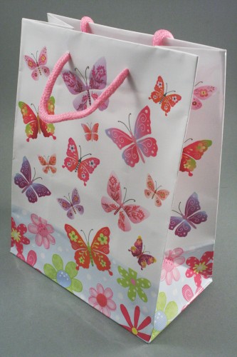 Butterfly Print Giftbag with Pink Corded Handle. Glossy Finish. Size Approx 23cm x 18cm x 9cm. 