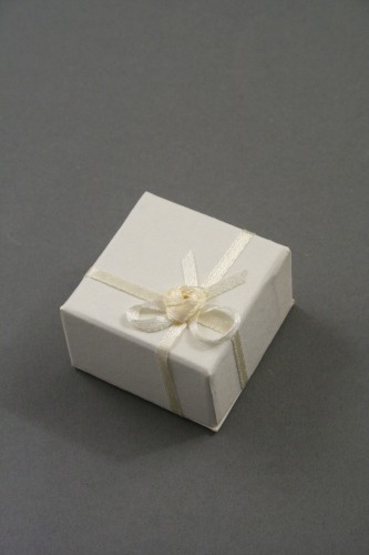 Ivory Satin Ribbon Ring or Earring Giftbox with Ribbon and Rosebud Detail. Size 5cm x 5cm x 3cm.