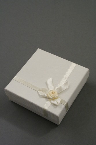 Ivory Satin Ribbon Giftbox with Rosebud Design. Size 9cm x 9cm x 3cm