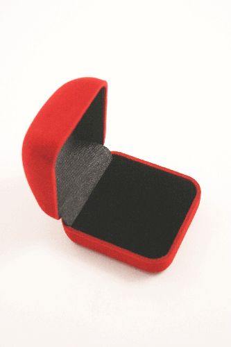 Red Flocked Hinged Gift Box with black insert with 25mm slit for a ring shank. Approx 5cm x 5cm x 3.5cm