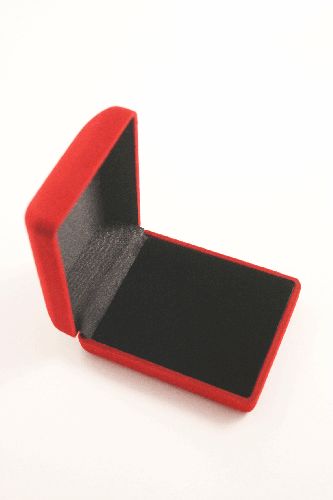 Red Flocked Hinged Gift Box with black insert with top corner slits, holes for earrings and a 20mm slit for a ring shank Approx 7.5cm x 6cm x 3cm