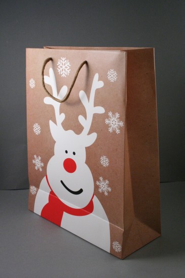Natural Brown Paper Gift Bag with Reindeer and Snowflake Print, Cord Handle. Size Approx 42cm x 31cm x 15cm.