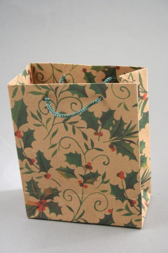 Holly Print Natural Brown Gift Bag with Cord Handles Size Approx 14cm x 11.5cm x 6cm.