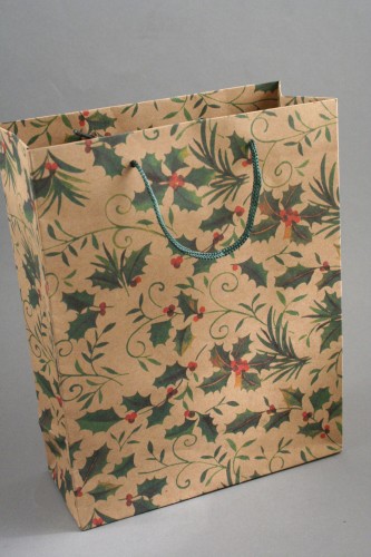Natural Brown Gift Bag with Holly Decoration and Cord Handle. Size Approx 24cm x 19cm x 8cm.