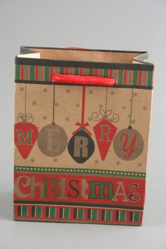 Natural Brown Paper Gift Bag with Merry Christmas Bauble Print and Cord Handle. Approx Size 14.5cm x 11.5cm x 6cm.