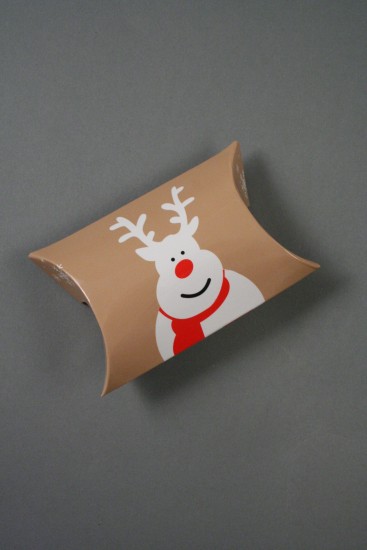 Christmas Reindeer Printed Pillow Pack Gift Box. Size Approx 6.8cm x 6cm x 2.5cm.
