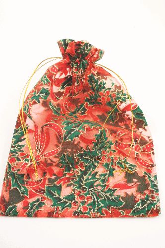 Red Christmas Organza Gift Bag with Holly Print. Size Approx 30cm x 21cm.