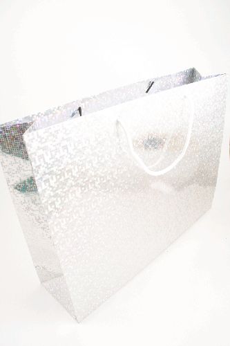 Silver Holographic Foil Gift Bag with White Corded Handles. Approx Size 27.5cm x 36cm x 10cm