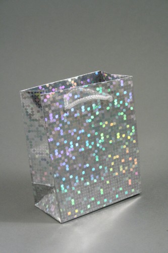 Silver Holographic Foil Gift Bag with White Corded Handles. Approx Size 10cm x 8cm x 4.5cm