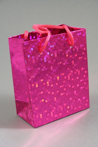 Pink Holographic Foil Gift Bag with Pink Corded Handles. Approx Size 10cm x 8cm x 4.5cm
