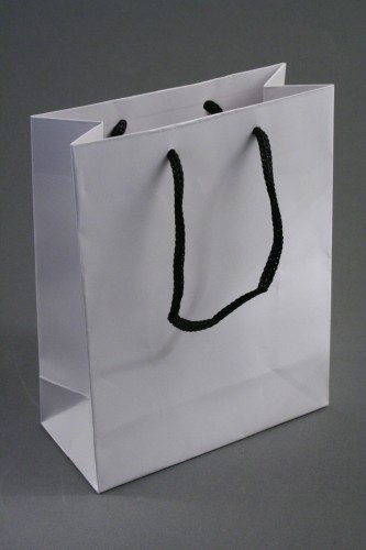 Matt Finish White Gift Bag with Black Corded Handle. Approx Size 15cm x 12cm x 6cm
