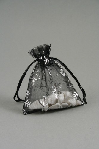 Black Organza Gift Bag with Silver Snowflake Print. Size Approx 10cm x 7.5cm.