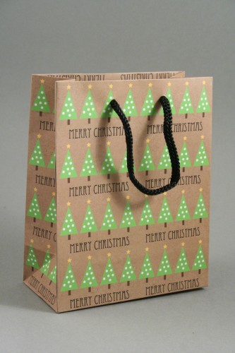 Brown Christmas Tree Gift Bag with Black Corded Handles. Size Approx 15cm x 12cm x 6cm.