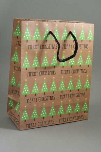 Brown Christmas Tree Gift Bag with Black Corded Handles. Size Approx 23cm x 18cm x 9cm.