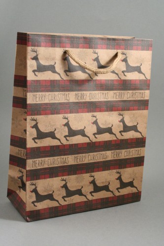 Merry Christmas Reindeer Print Brown Kraft Paper Gift Bag with Natural Cord Handles. Size Approx 24cm x 19cm x 8cm.