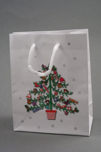 Merry Christmas and Tree Design Gift Bag with White Cord Handles. Approx Size 15cm x 12cm  x 6cm.