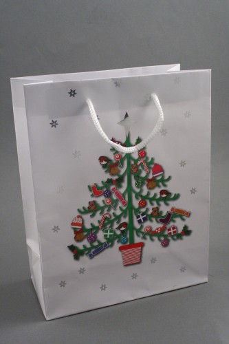 Merry Christmas and Tree Design Gift Bag with White Cord Handles. Approx Size 23cm x 18cm  x 9cm.