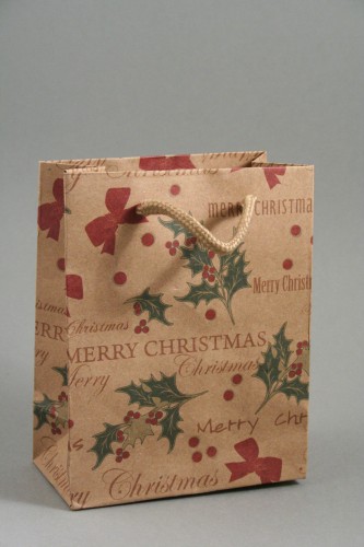 Merry Christmas Natural Brown Kraft Paper Gift Bag with Holly and Bows Print. Red Corded Handles. Size Approx 14.5cm x 11.5cm x 6cm.