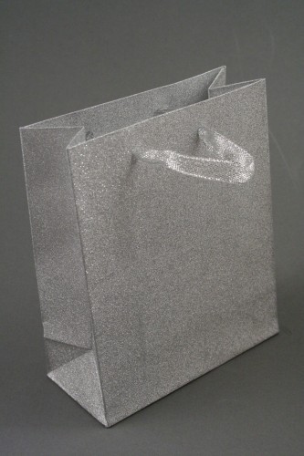 Silver Glitter Gift Bag with Ribbon Handles. Size Approx 15cm x 12cm x 6cm.