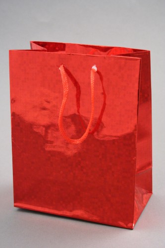 Red Holographic Foil Gift Bag with Red Corded Handles. Approx Size 14.5cm x 11.5cm x 6.5cm