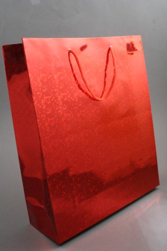 Red Holographic Foil Gift Bag with Red Corded Handles. Approx Size 27cm x 23cm x 8cm