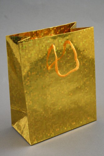 Gold Holographic Foil Gift Bag with Gold Corded Handles. Approx Size 14.5cm x 11.5cm x 6.5cm