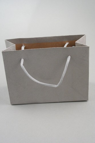 Silver Printed Kraft Paper Gift Bag with Black Cord Handles. Approx Size 11cm x 14.5cm x 6cm (Landscape)