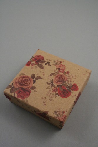 Floral Print Natural Brown Paper Cardboard Gift Box. Approx Size:8.5cm x 8.5cm x 3cm. This Box has a Black Flocked Foam Pad Insert