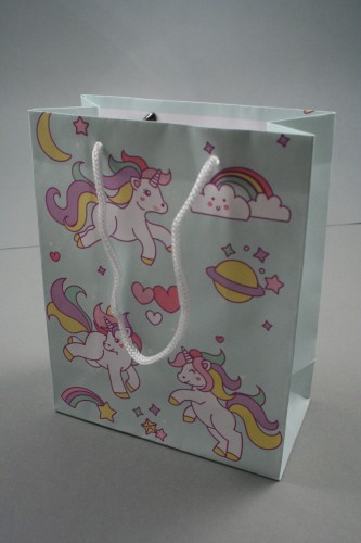 Unicorn and Rainbow Print Gift Bag with White Corded Handles. Approx Size 15cm x 12cm x 6cm
