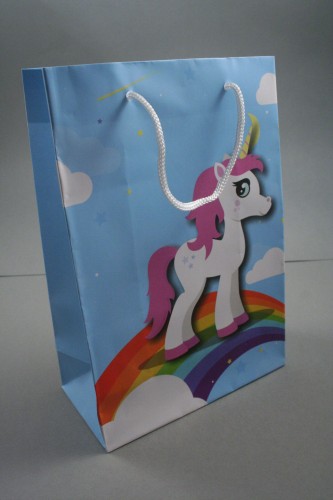 Blue Gift Bag with Unicorn and Rainbow Print with White Corded Handles. Approx Size 20cm x 14cm x 7cm