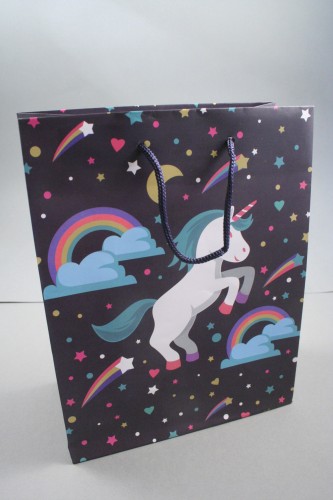 Navy Blue Unicorn and Rainbow Print Gift Bag with Navy Cord Handles. Approx Size 23cm x 18cm x 9cm