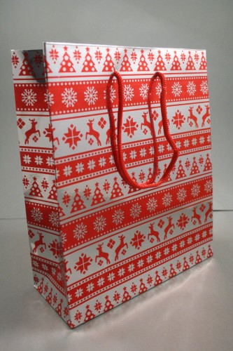 Red and Silver Christmas Print Holographic Gift Bag with Red Cord Handles. Approx Size 21.5cm x 18cm x 7.5cm