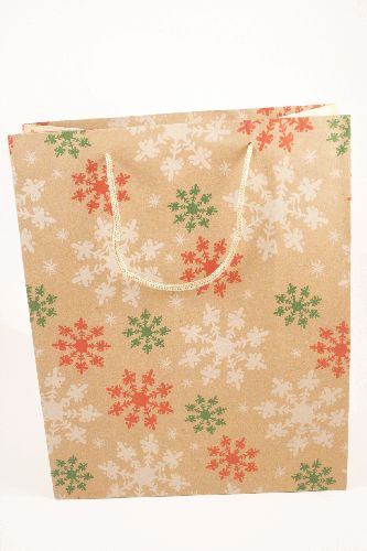Natural Kraft Paper Gift Bag with Snowflakes. Natural Cord Handles. Size Approx 32cm x 26cm x 12cm.