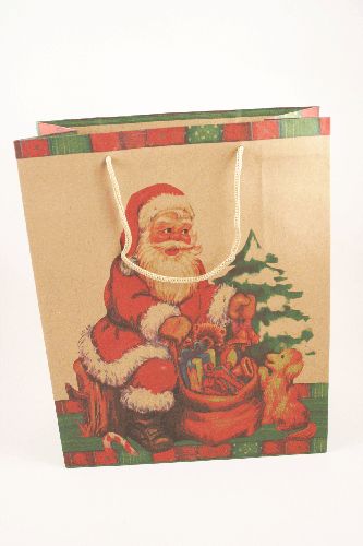 Natural Kraft Paper Gift Bag with Father Christmas and Natural Cord Handles. Size Approx 32cm x 26cm x 12cm.