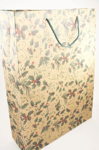 Holly Print Natural Brown Kraft Paper Gift Bag with Cord Handles Size Approx 42cm x 31cm x 10cm.