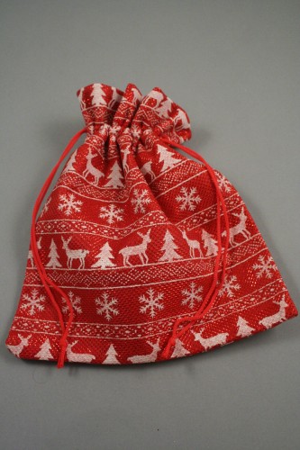 Red and White Christmas Print Fabric Drawstring Gift Bag. Size Approx 20cm x 20cm.