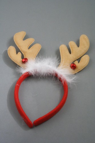 Light Brown Christmas Reindeer Antlers Aliceband with Red Bells and White Fur Trim.
