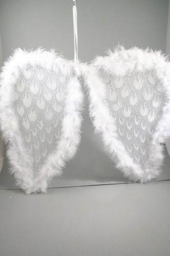White Net Angel Wings with White and Silver Glitter and White Feather Trim. Approx Size 46cm x 36cm
